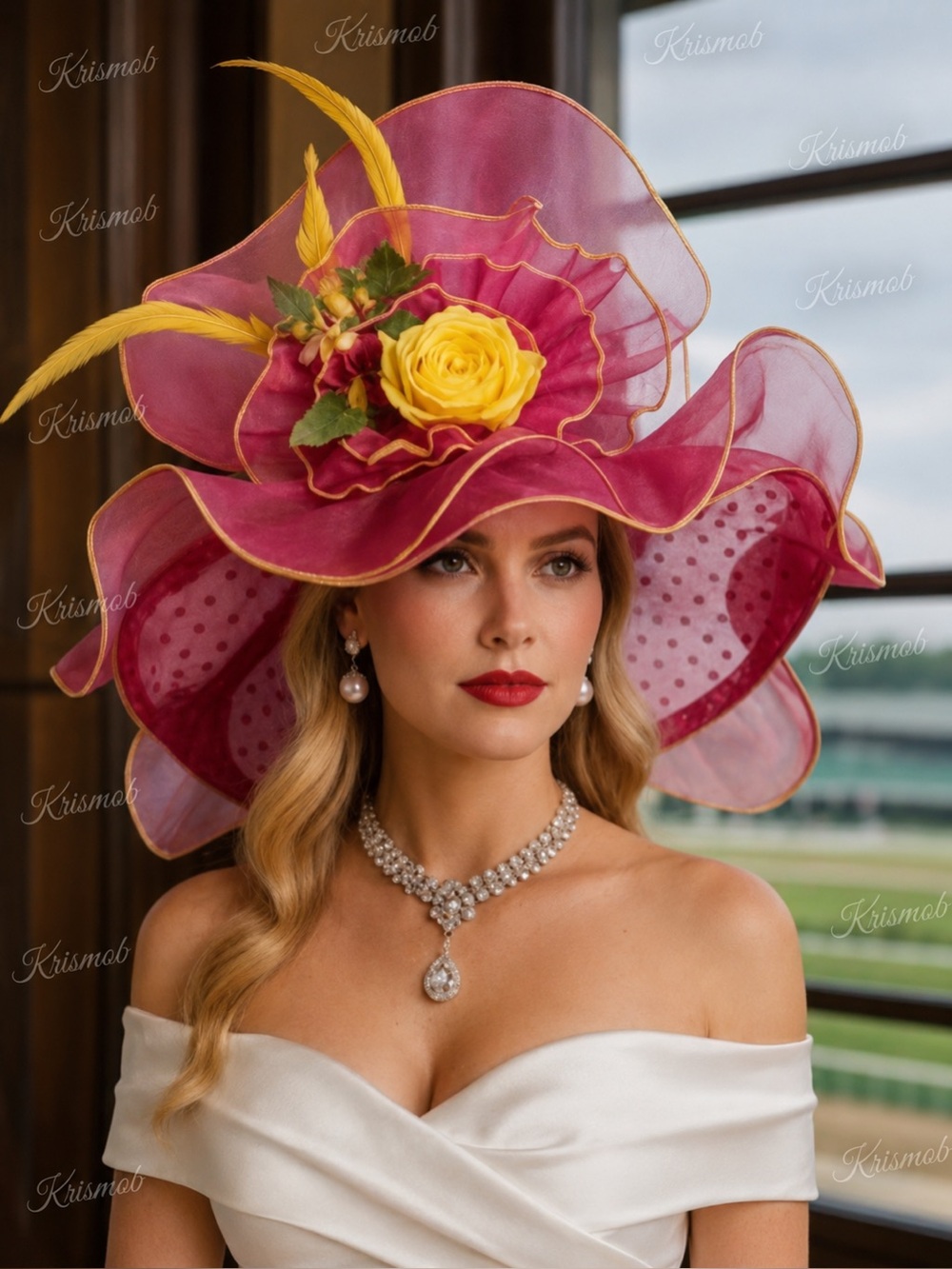 Kentucky Derby Hat Ky Oaks Organza Feather Pink Polka Dot and Yellow Floral Hat
